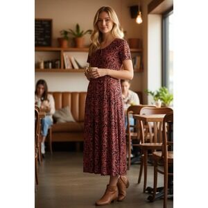 Sami & Jo XL Coral Black Paisley Print Midi Dress Tie Neck Short Sleeve Trendy #